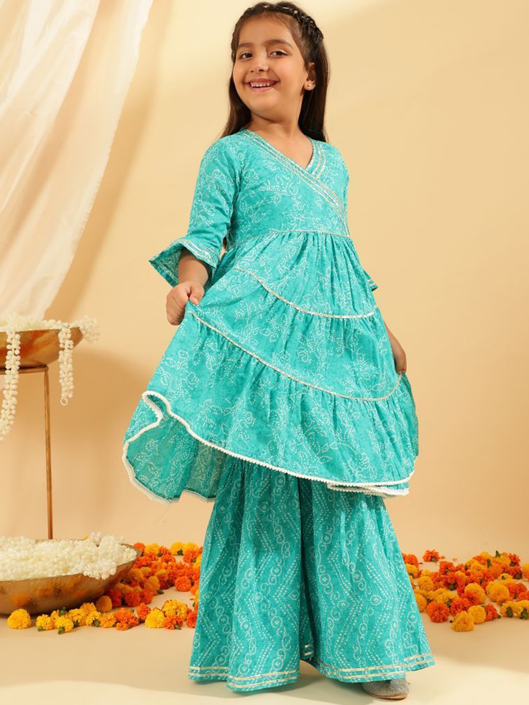 

BANDIA Girls Bandhani Printed Tiered Gotta Patti Pure Cotton Anarkali Kurta with Sharara, Turquoise blue