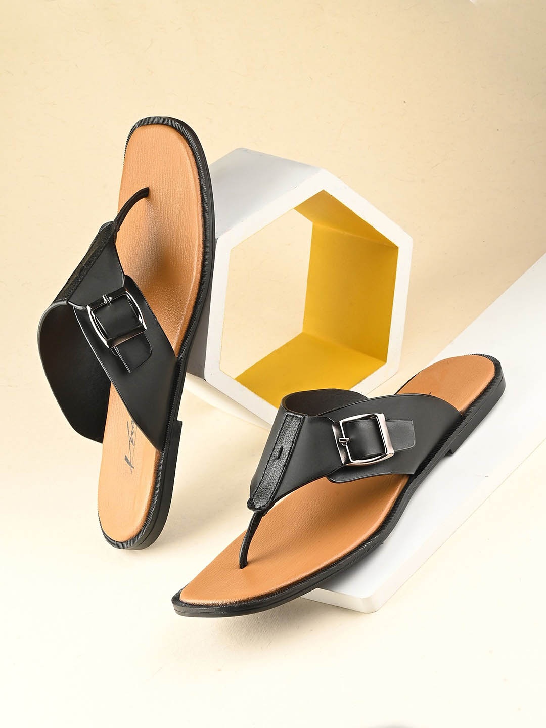 

knoos Men Textured Ethnic Open Toe Flats with Laser Cuts, Tan