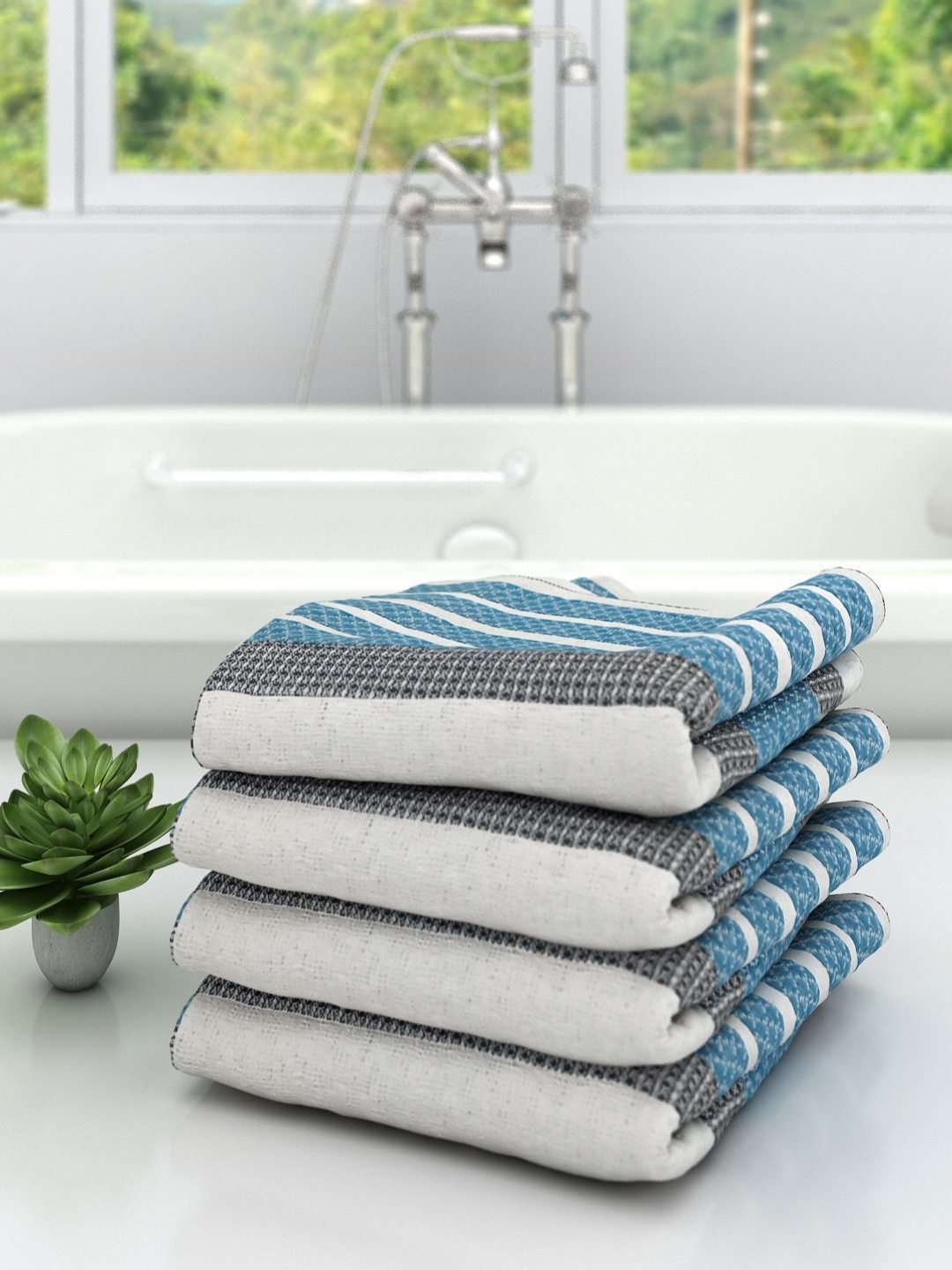 

Aura White & Grey 4 Pieces Striped Cotton 210 GSM Bath Towel