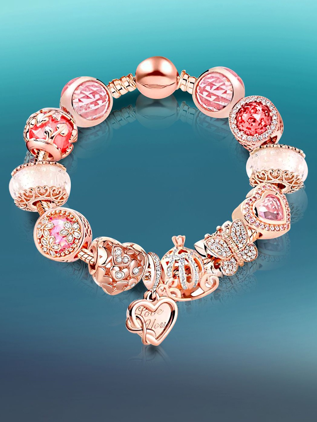 

Peora Rose Gold-Plated Cubic Zirconia Studded Charm Bracelet