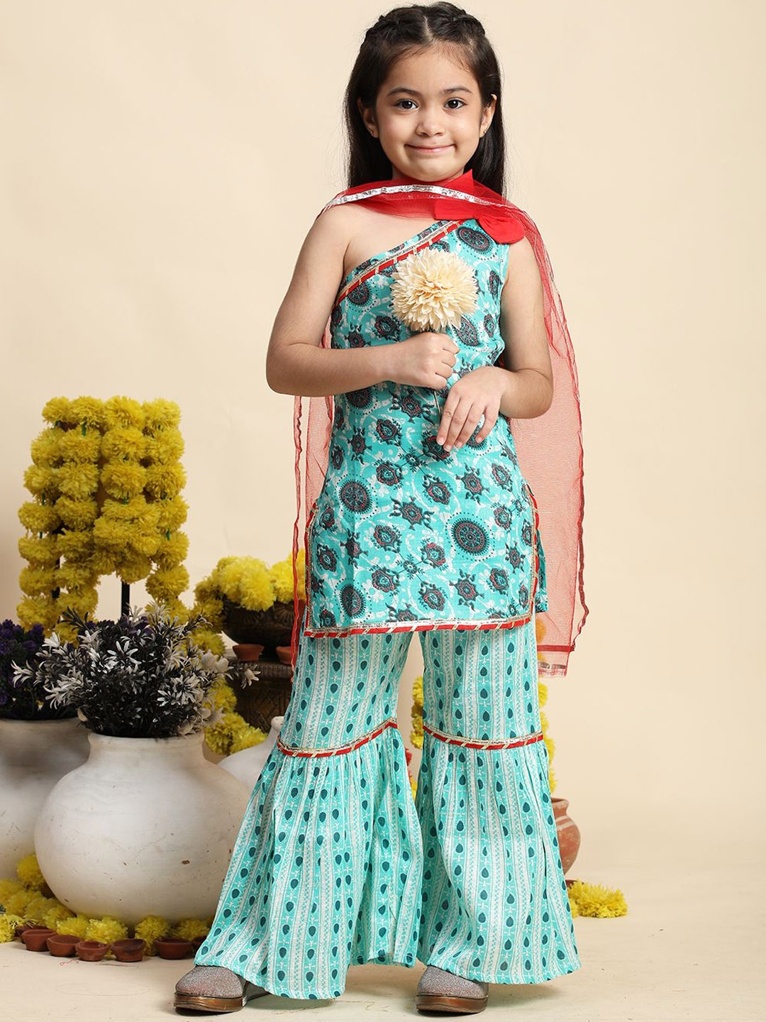 

Cutiekins Girls Floral Printed Straight Cotton Kurta With Sharara & Dupatta, Turquoise blue