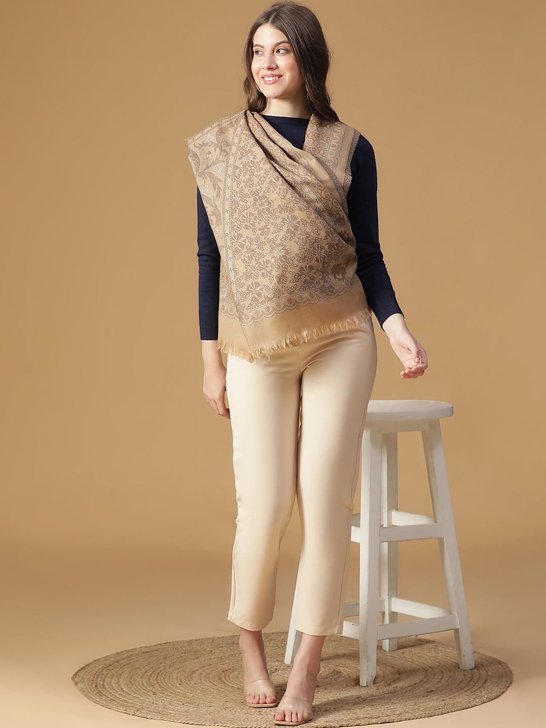 

SHINGORA Ethereal Beauty Floral Woven Design Woollen Fringed Shawl, Beige