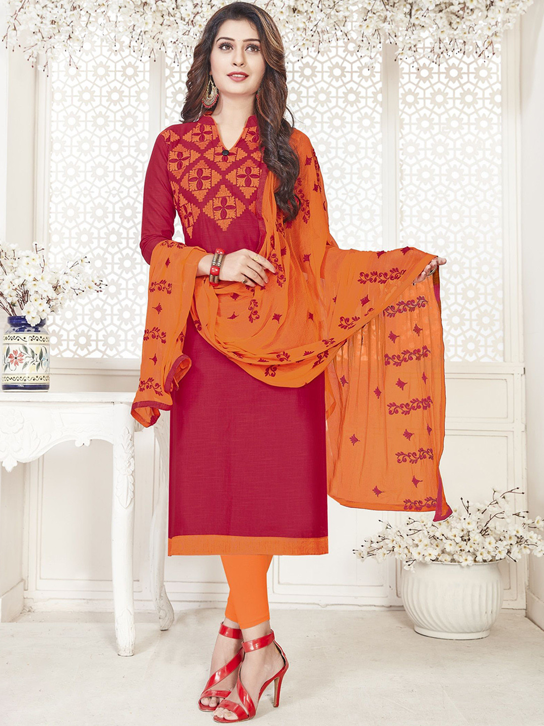 

JULEE Ethnic Motifs Embroidered Silk Chiffon Unstitched Dress Material, Red