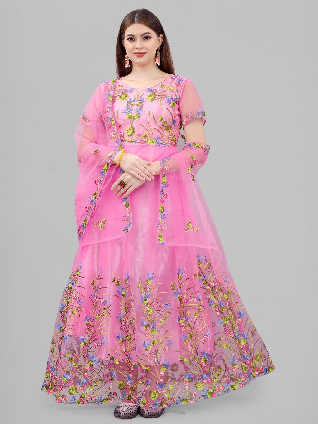 

JULEE Floral Embroidered Net Fit & Flare Maxi Dress, Pink