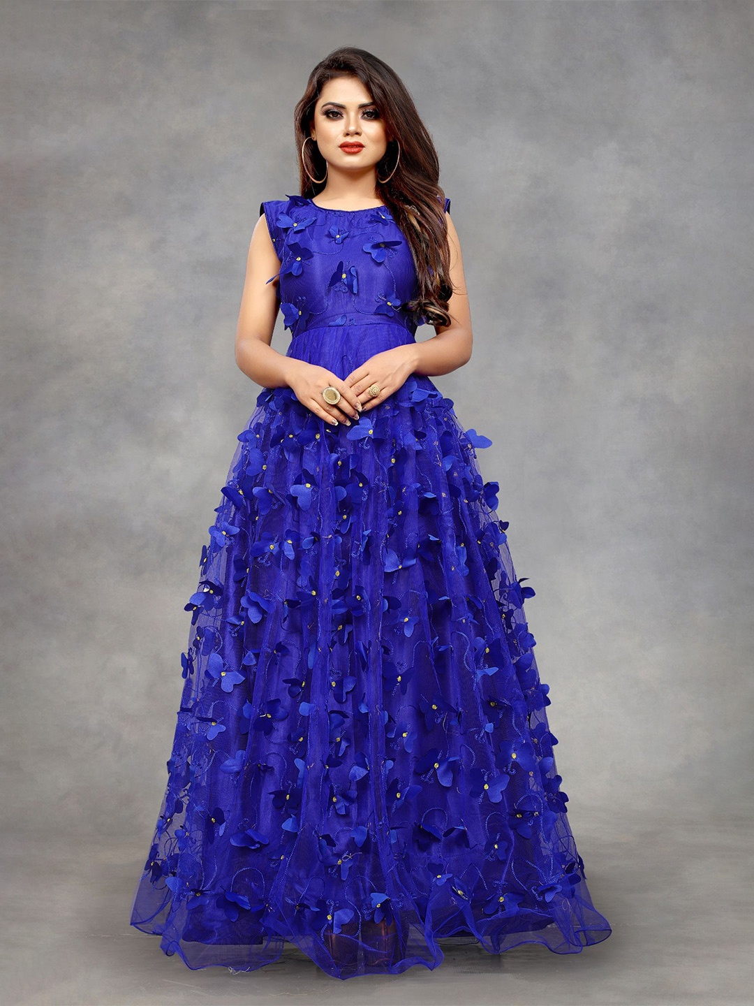 

LADY SHOPI Floral Embroidered Net Fit & Flare Maxi Dress, Blue