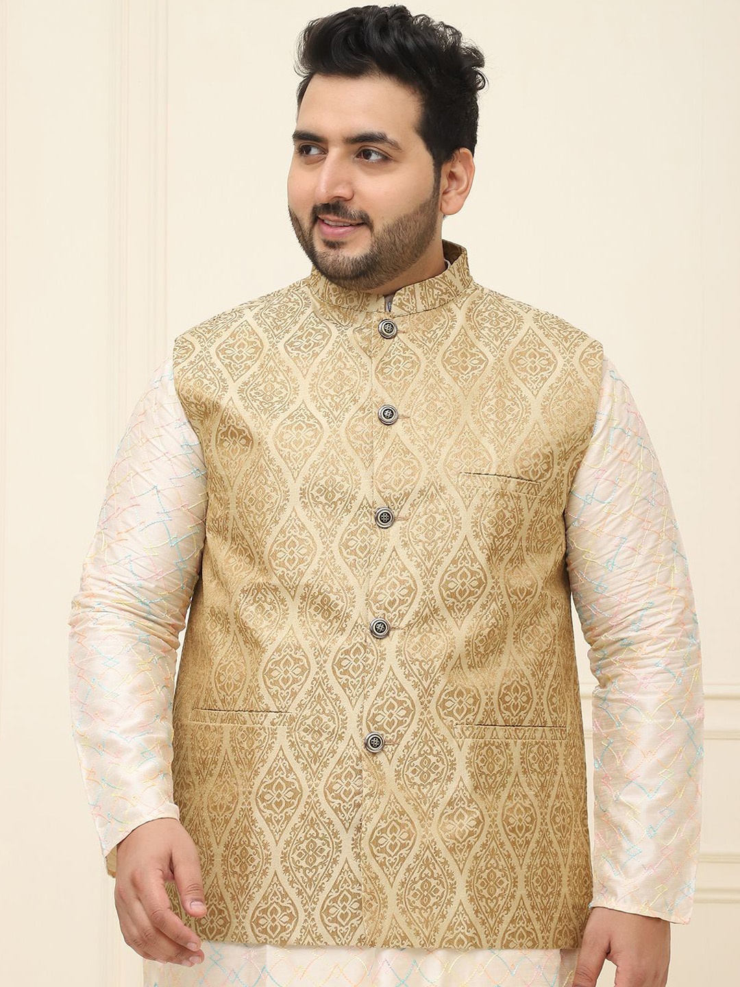 

SOJANYA PLUS Men Plus Size Printed Mandarin Collar Nehru Jacket, Beige