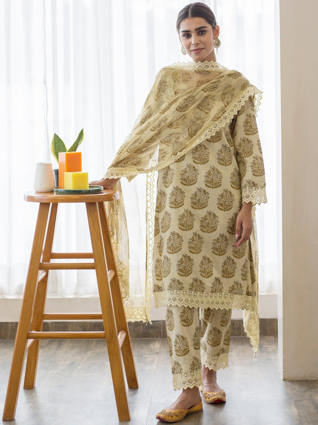 

GulaboJaipur Floral Printed Straight Thread Work Pure Cotton Kurta with Trousers & Dupatta, Mustard