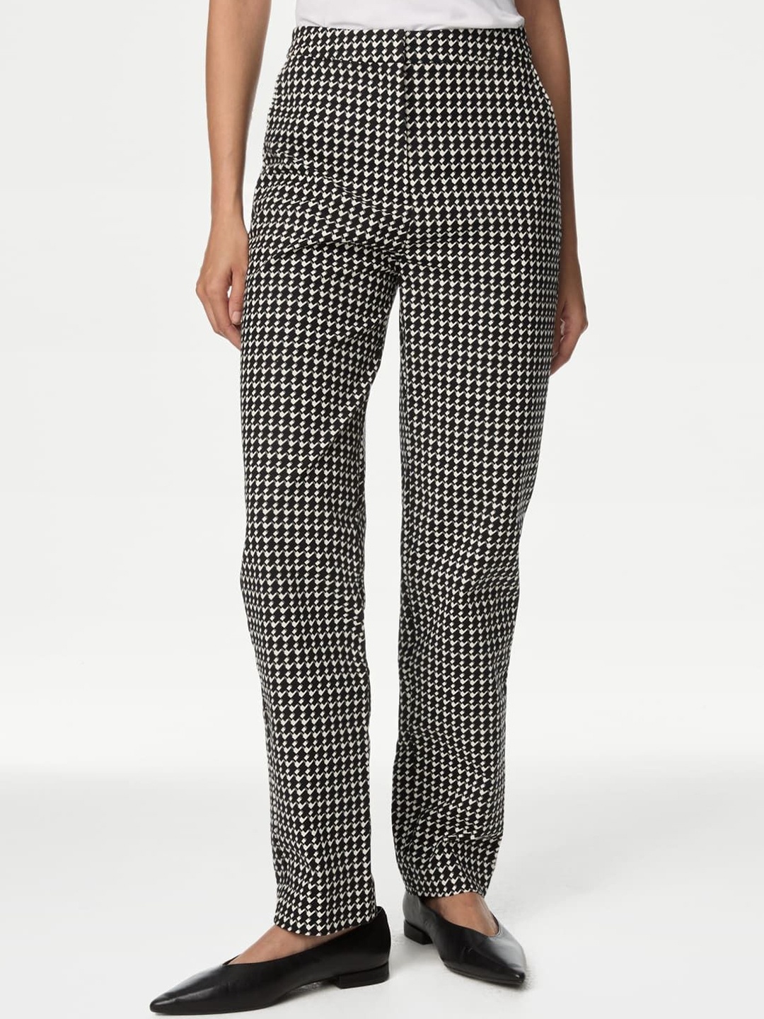 

Marks & Spencer Women Checked Printed Slim Fit High-Rise Trousers, Grey