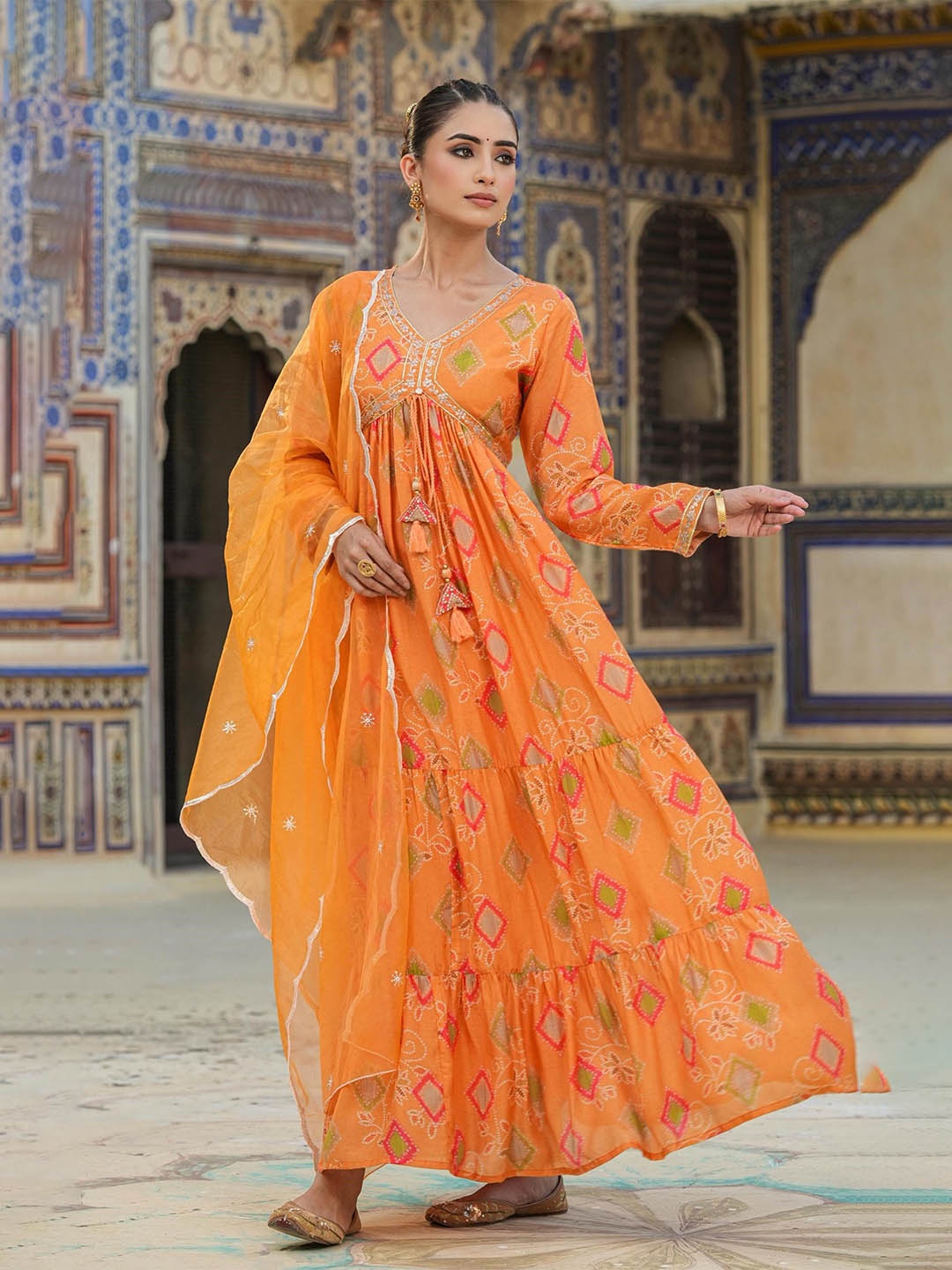 

SCAKHI Muslin Silk Bandhani Ethnic Dresses, Coral