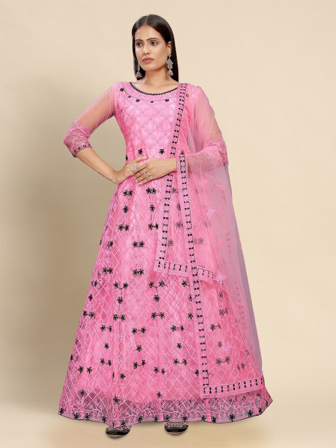 

LADY SHOPI Floral Embroidered Net Fit & Flare Ethnic Dress, Pink