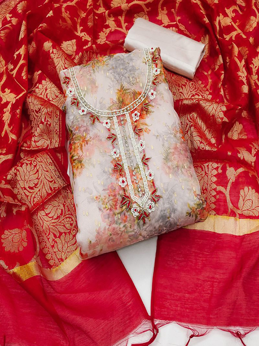 

ASISA Embroidered Organza Unstitched Dress Material, Off white