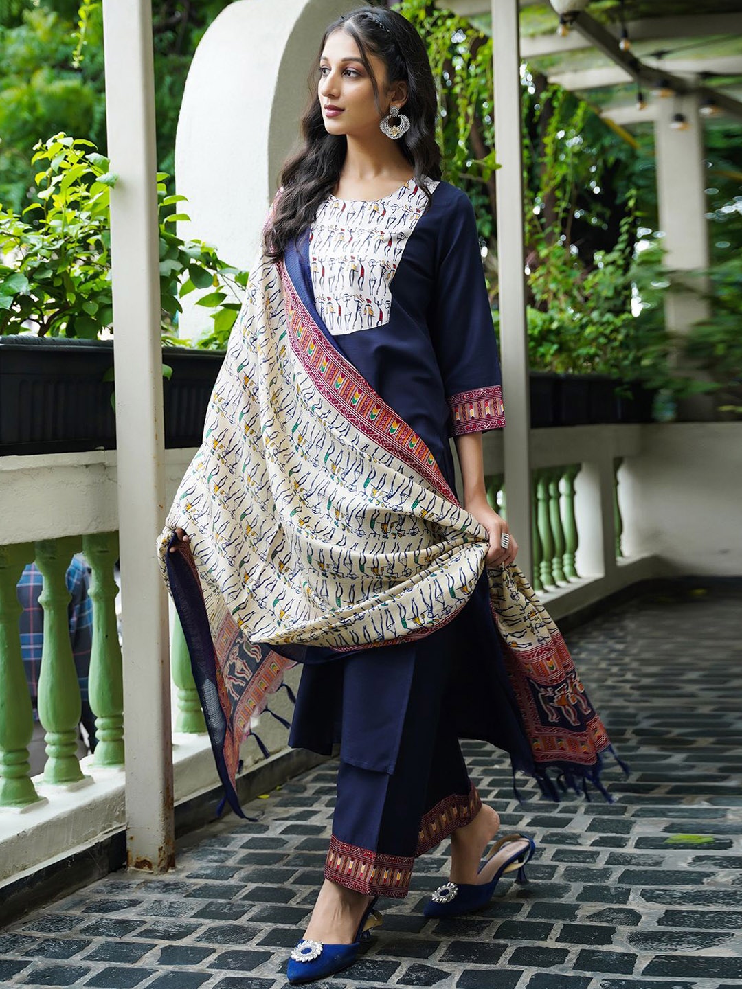 

KALINI Ethnic Motifs Yoke Design Round Neck Straight Kurta With Palazzos & Dupatta, Blue