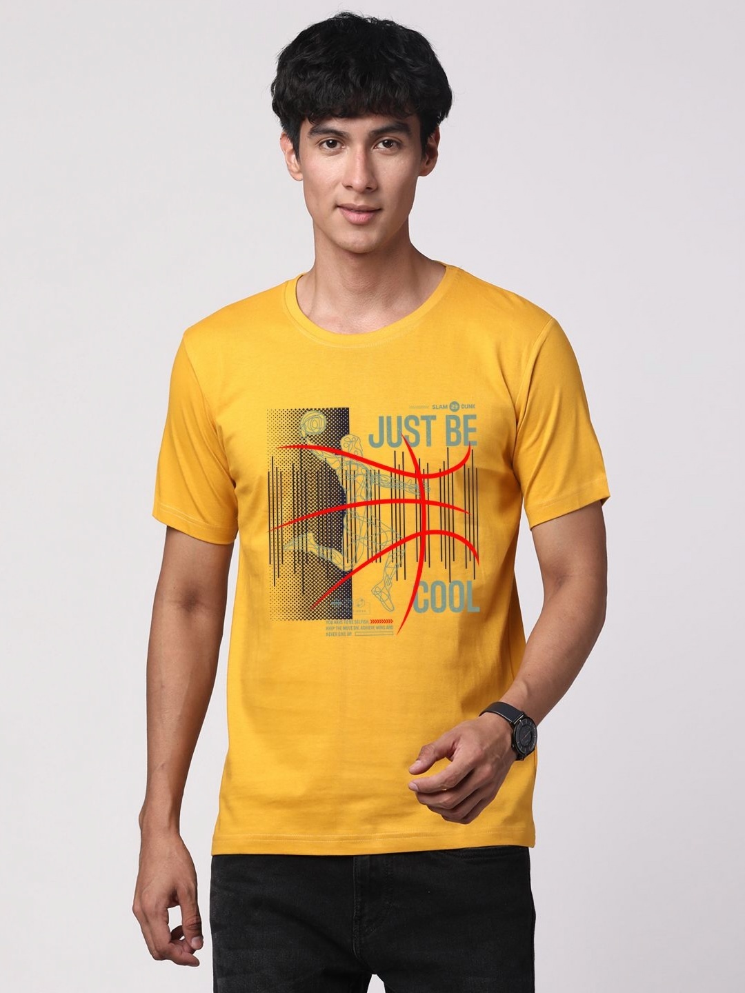 

ADRO Men Graphic Printed Pure Cotton Round Neck T-shirt, Mustard