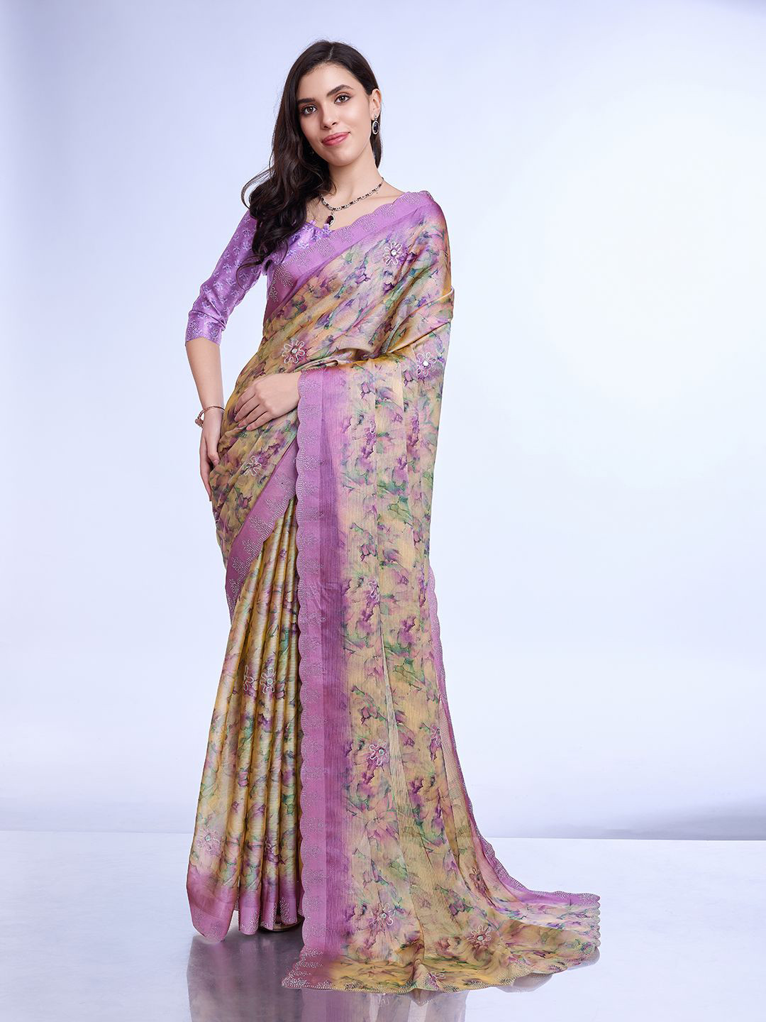 

Mitera Floral Printed Beads and Stones Woven Design Border Saree, Purple