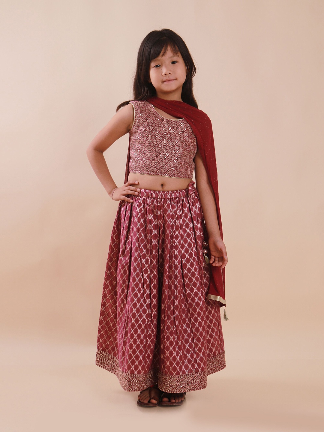 

Sangria Girls Embroidered Sequinned Lehenga Choli With Dupatta, Maroon