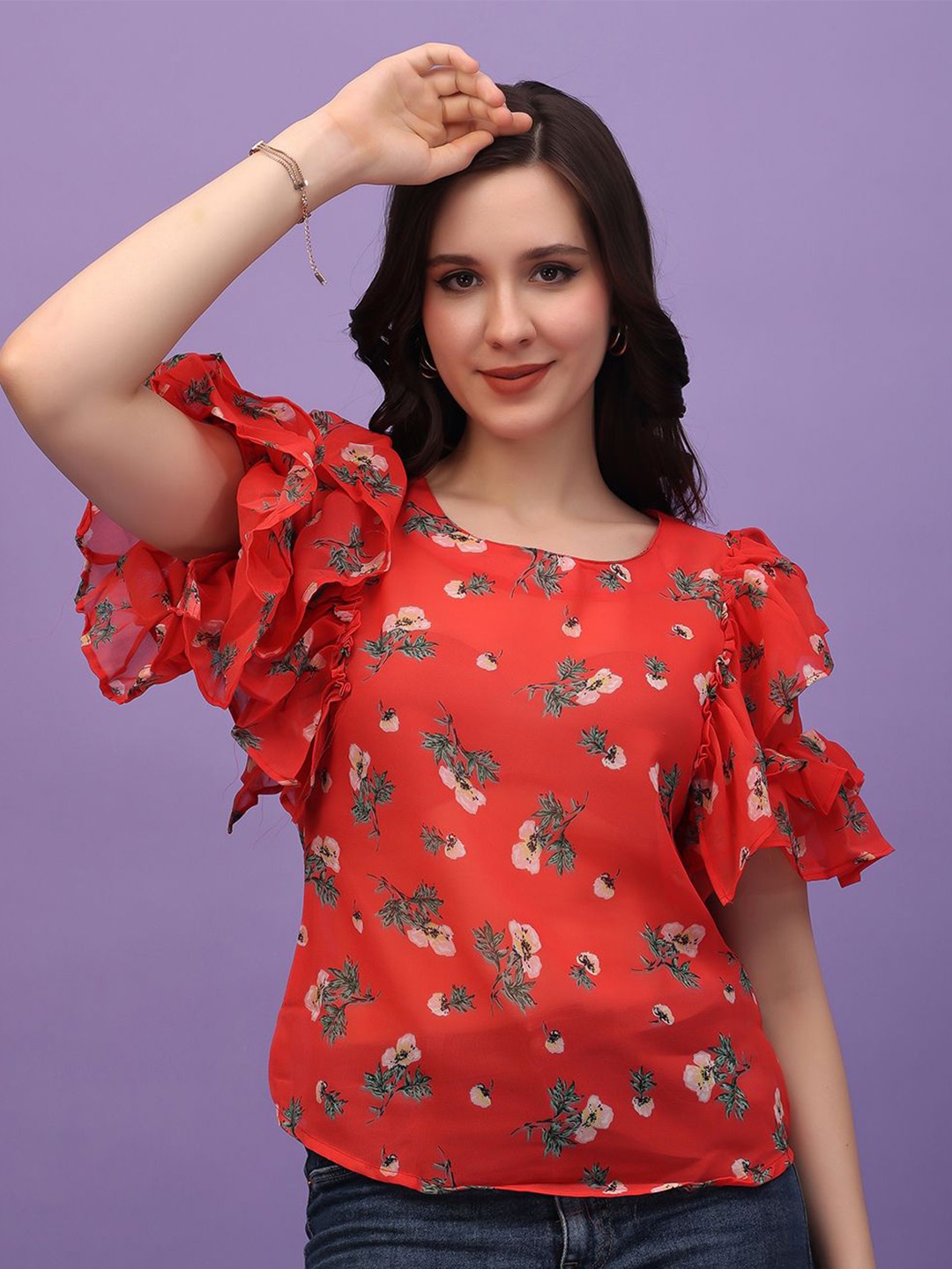 

MINOS Women Floral Printed Round Neck Top, Red