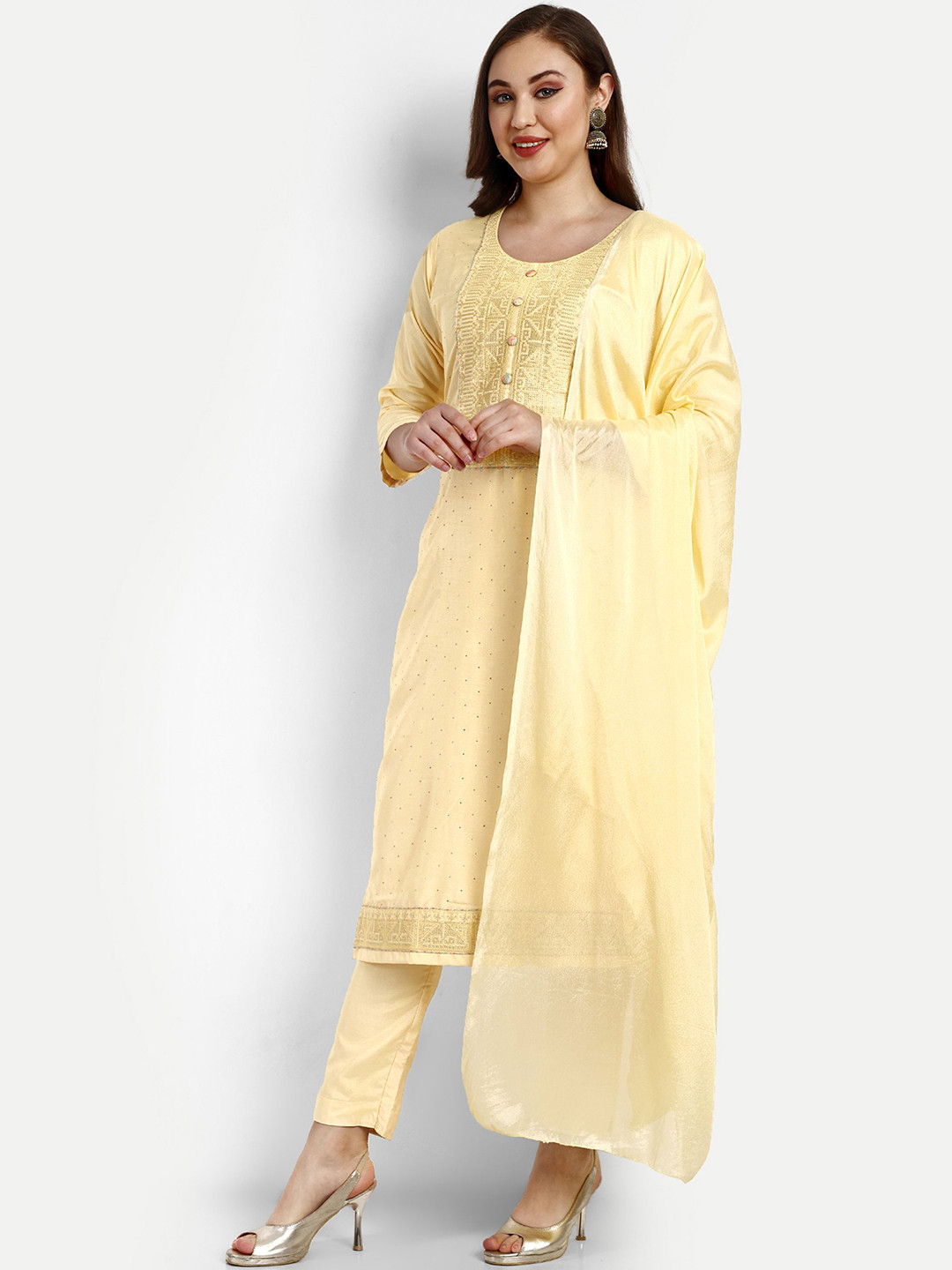 

V B SONS Geometric Embroidered Beads and Stones Straight Kurta & Trousers With Dupatta, Yellow