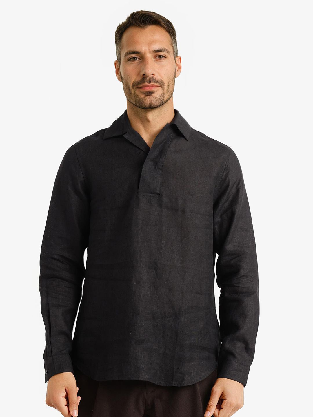 

RARE RABBIT Men Comfort Spread Collar Solid Linen Casual Shirt, Black