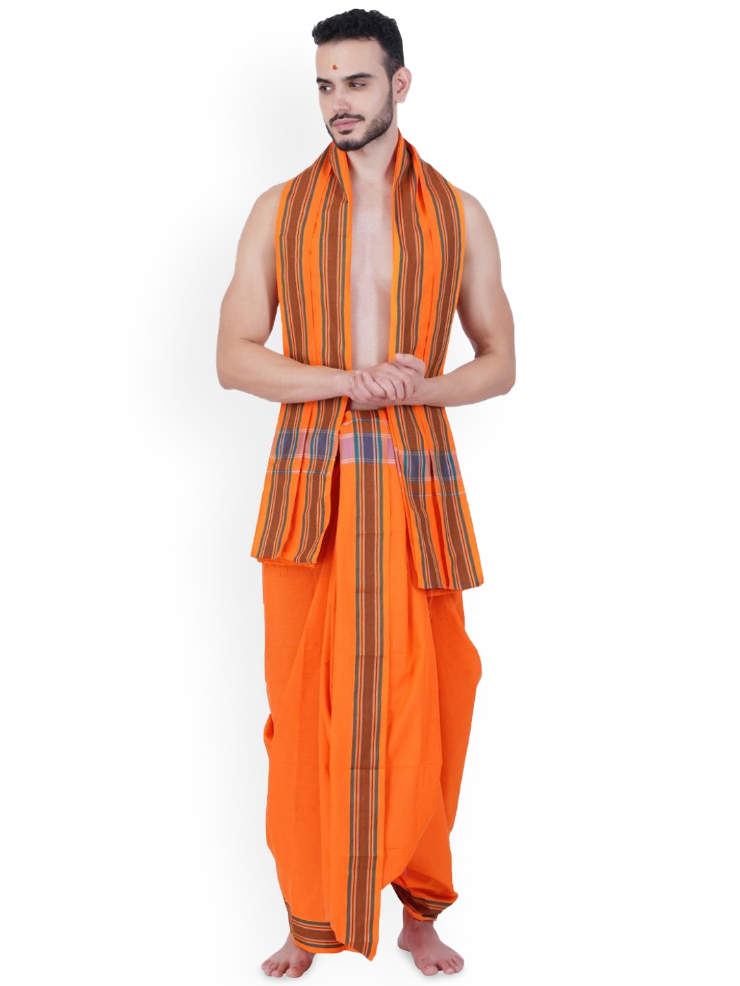 

Ethazh Men Unstitched Acharya Fancy Design Border Dhoti, Orange