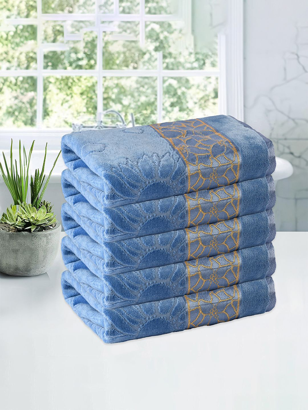 

Kuber Industries Blue & Yellow 5 Pieces Printed Cotton 450 GSM Bath Towel