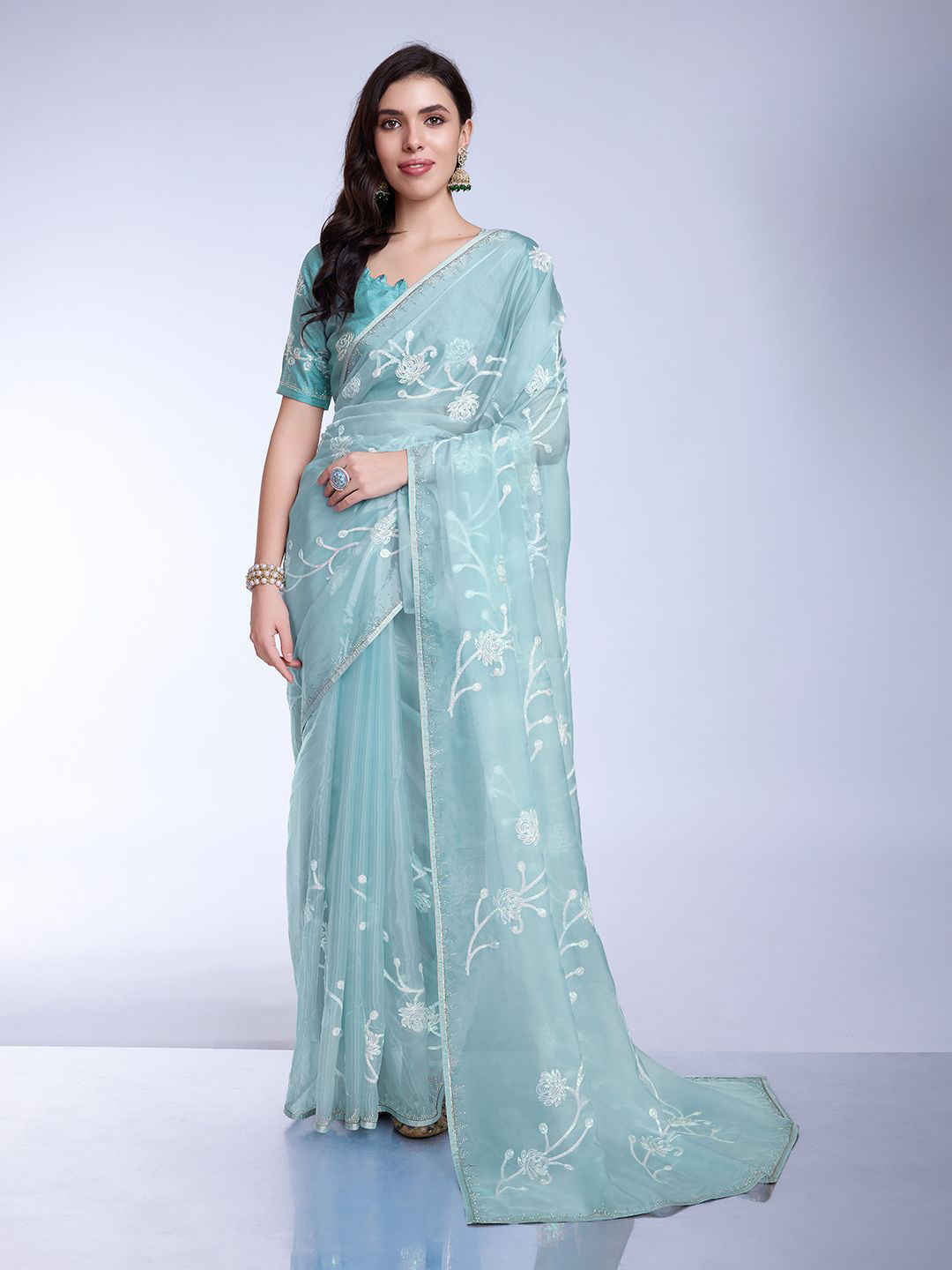 

Mitera Embroidered Sequinned Saree With Blouse Piece, Teal