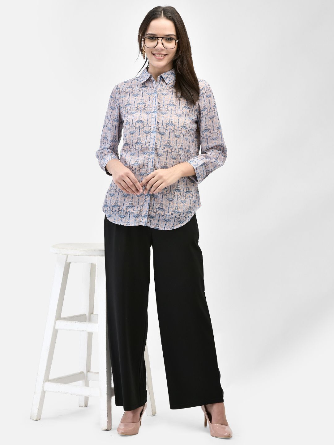 

FUTURO Women Floral Printed Shirt Collar Top, Blue