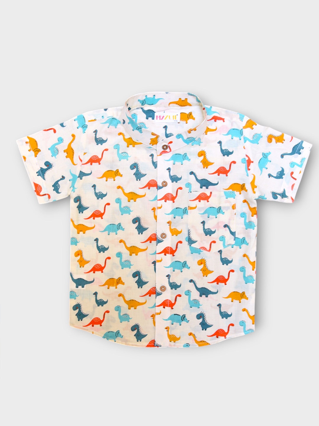 

MYZUIE Boys Band Collar Conversational Printed Cotton Casual Shirt, White