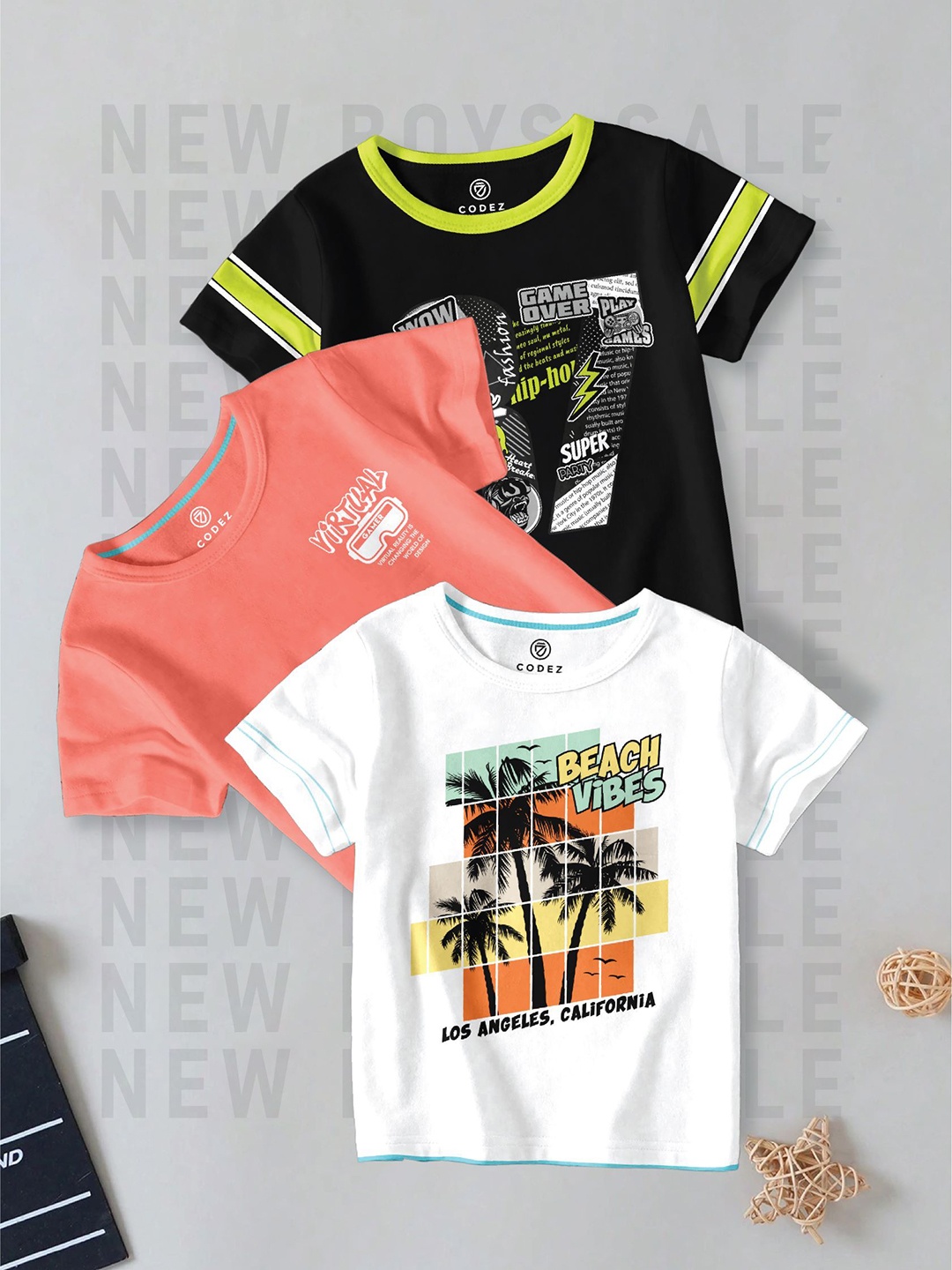 

CODEZ Boys Pack Of 3 Graphic Printed Round Neck Cotton T-shirts, Black