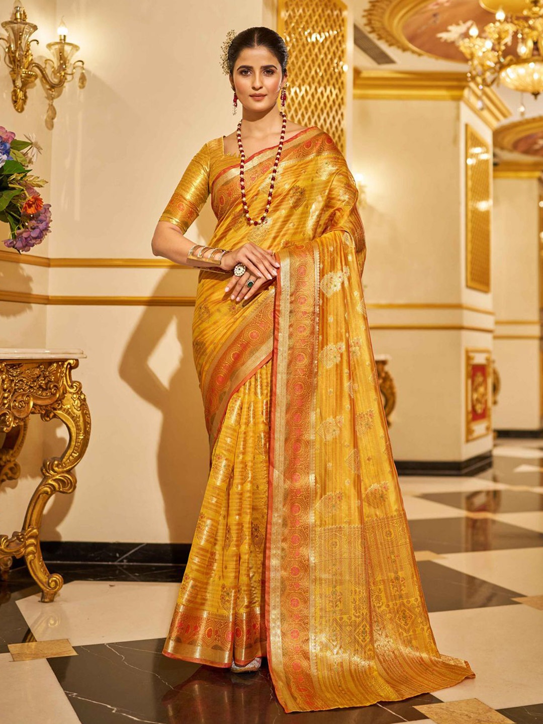 

Krimmple Woven Design Zari Organza Saree, Yellow