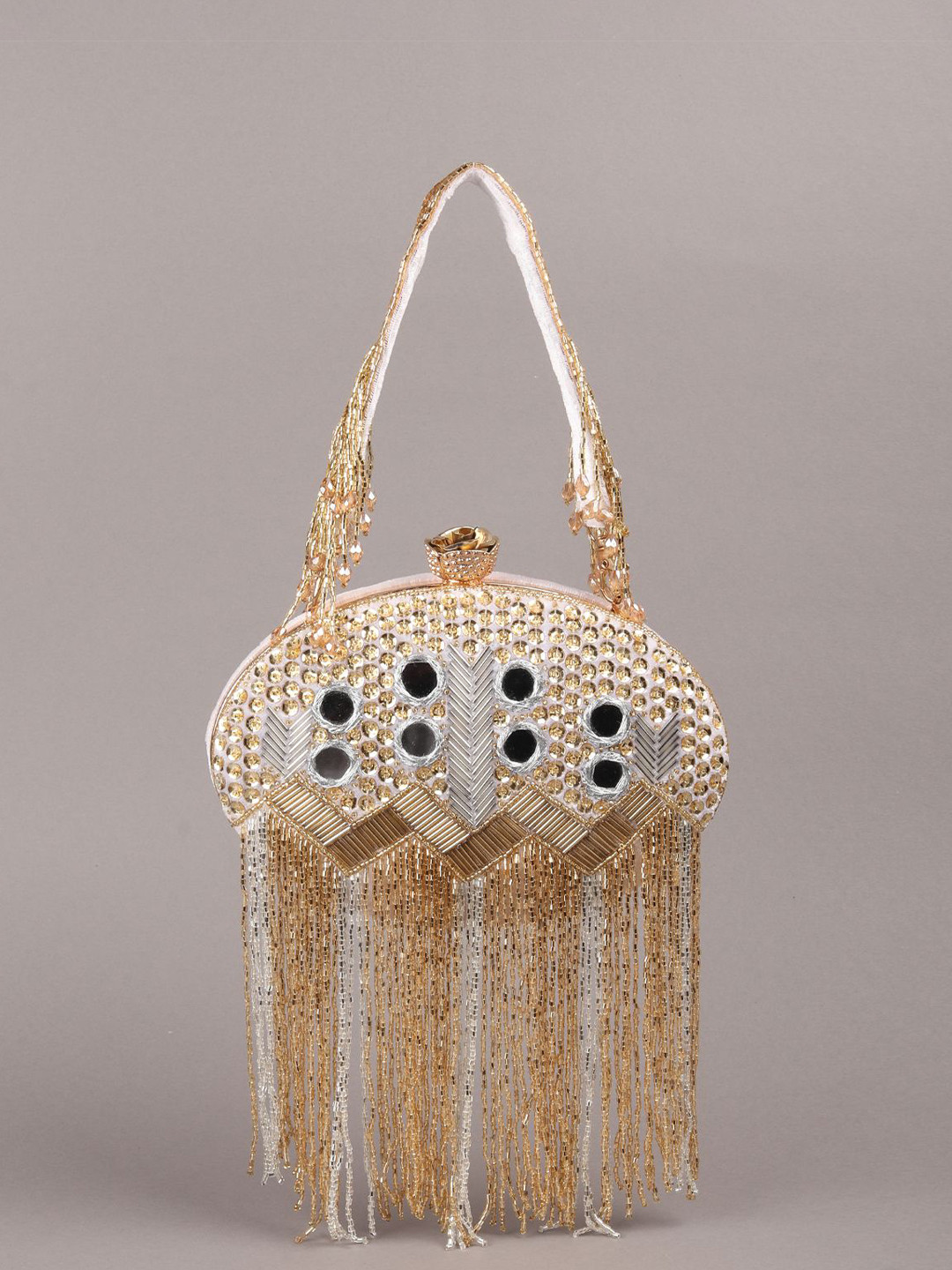 

ODETTE Embellished Mirror Work Tasselled Box Clutch, Gold