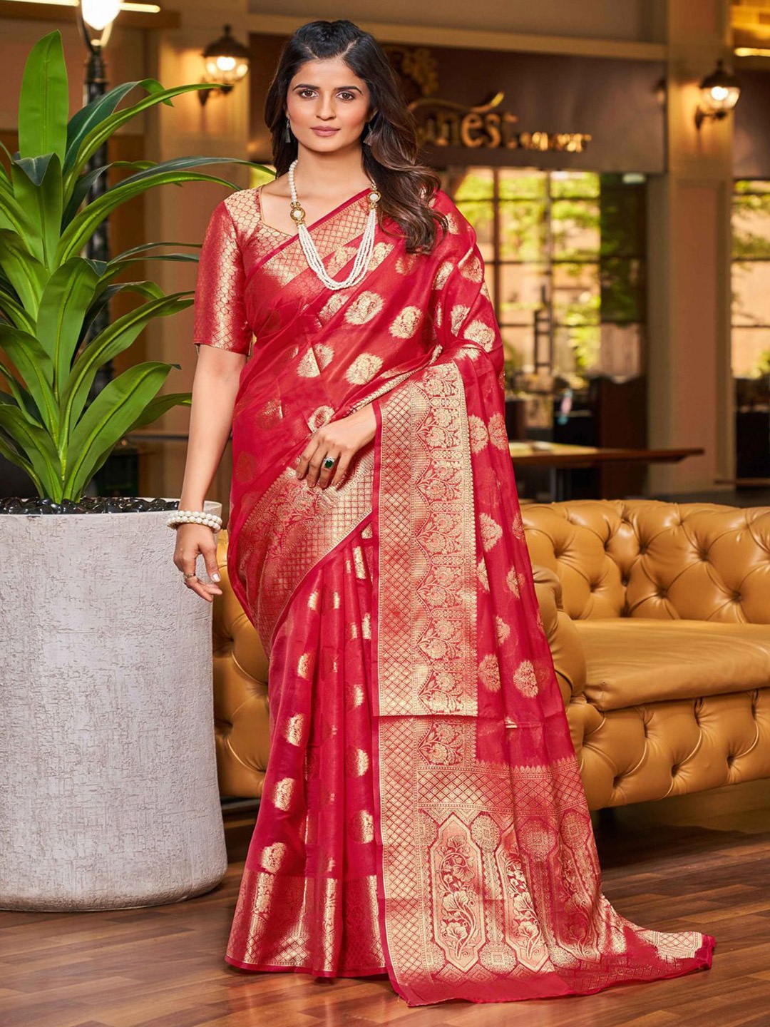 

Krimmple Woven Design Zari Organza Saree, Red