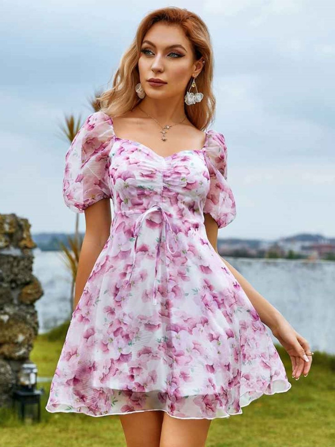 

KPOP Floral Print Puff Sleeve A-Line Dress, Purple