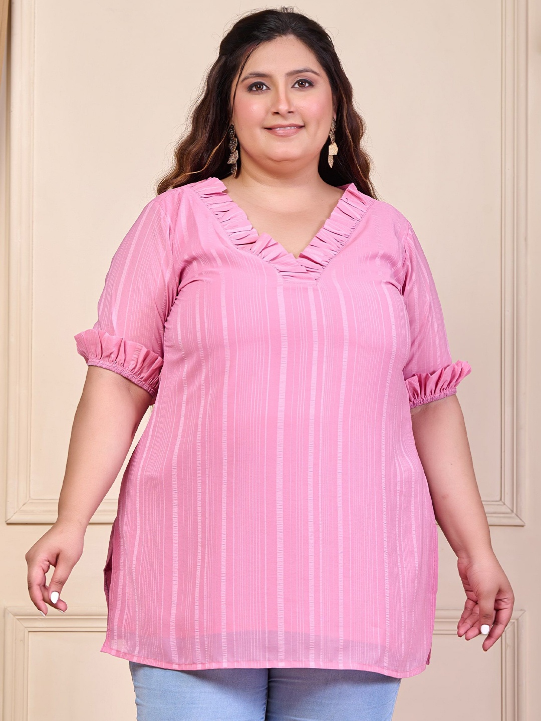 

DesiNoor.com Striped V-Neck Kurti, Pink