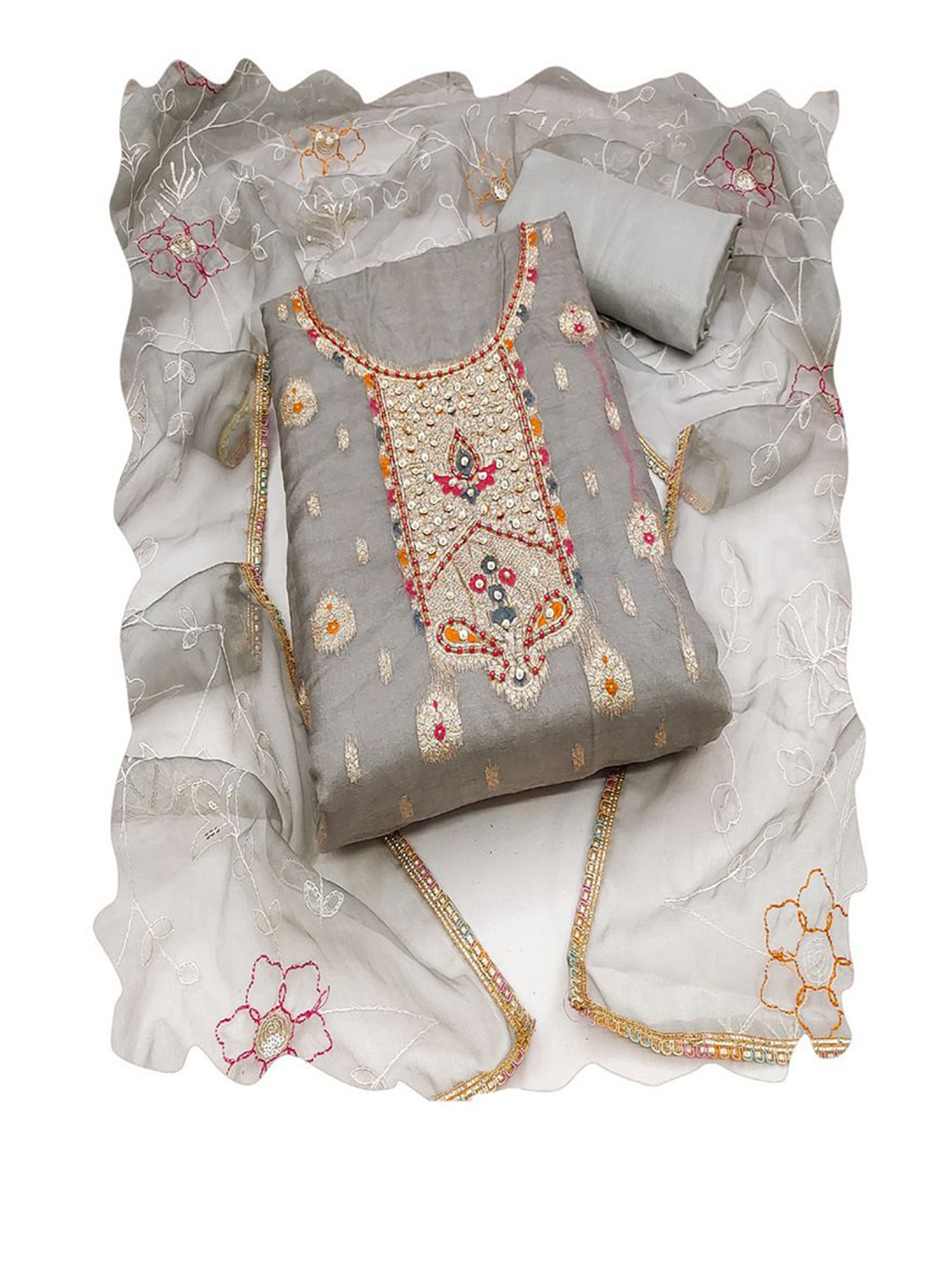 

ASISA Ethnic Motifs Woven Design Beads and Stones Organza Unstitched Dress Material, Grey