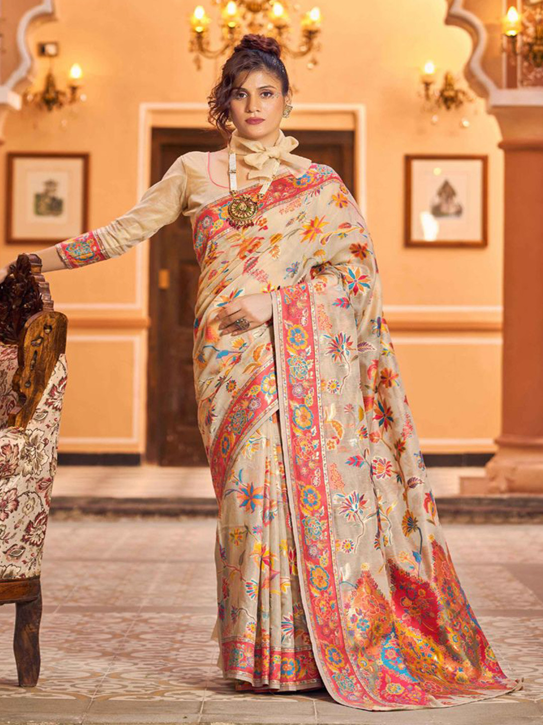 

Krimmple Woven Design Saree With Zari Border, Beige