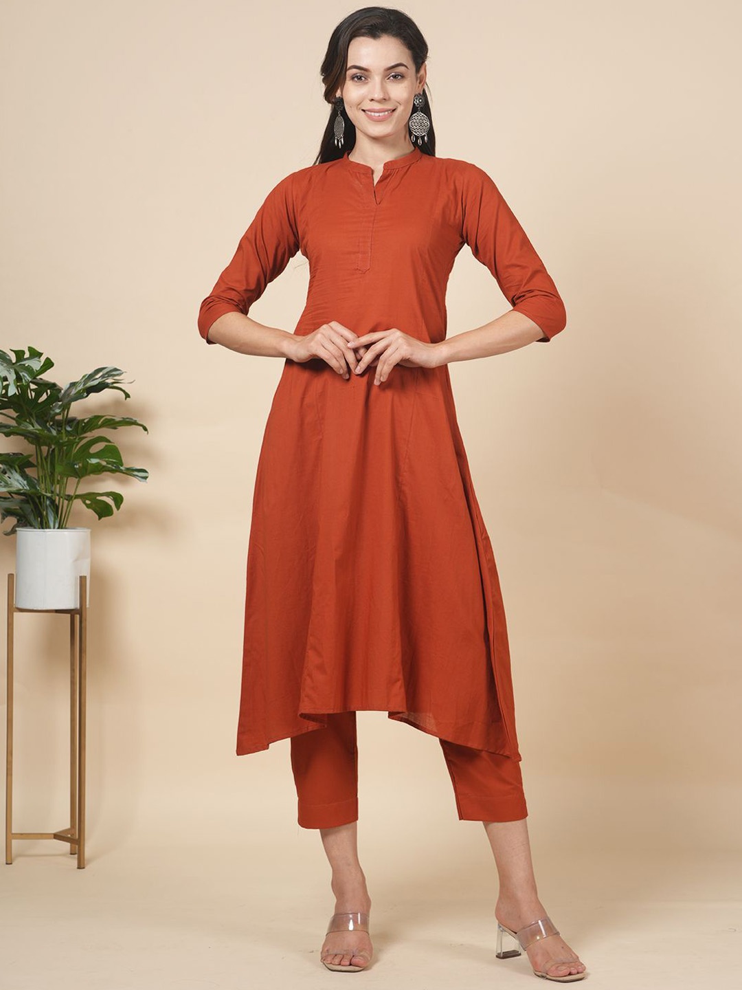 

LABEL KRISHA Mandarin Collar Pure Cotton A Line Kurta with Trousers, Rust