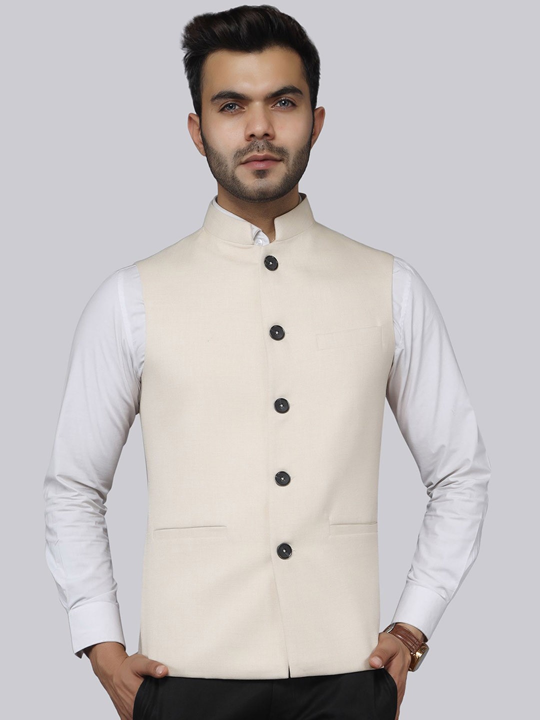 

LA'SCOOT Mandarin Collar Woven Linen Nehru Jacket, Cream