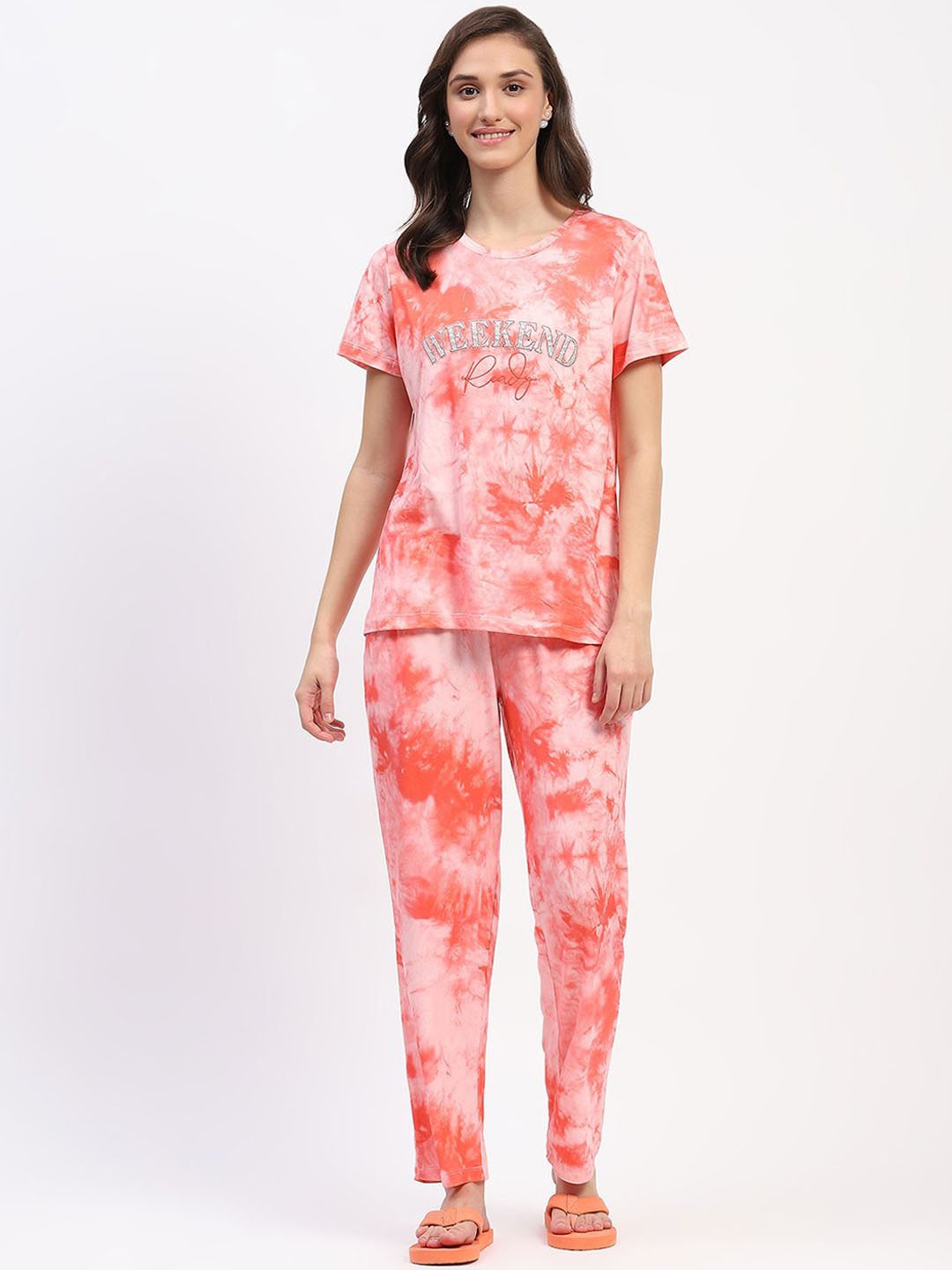 

MADAME M SECRET Women Round Neck Printed Night suit, Coral