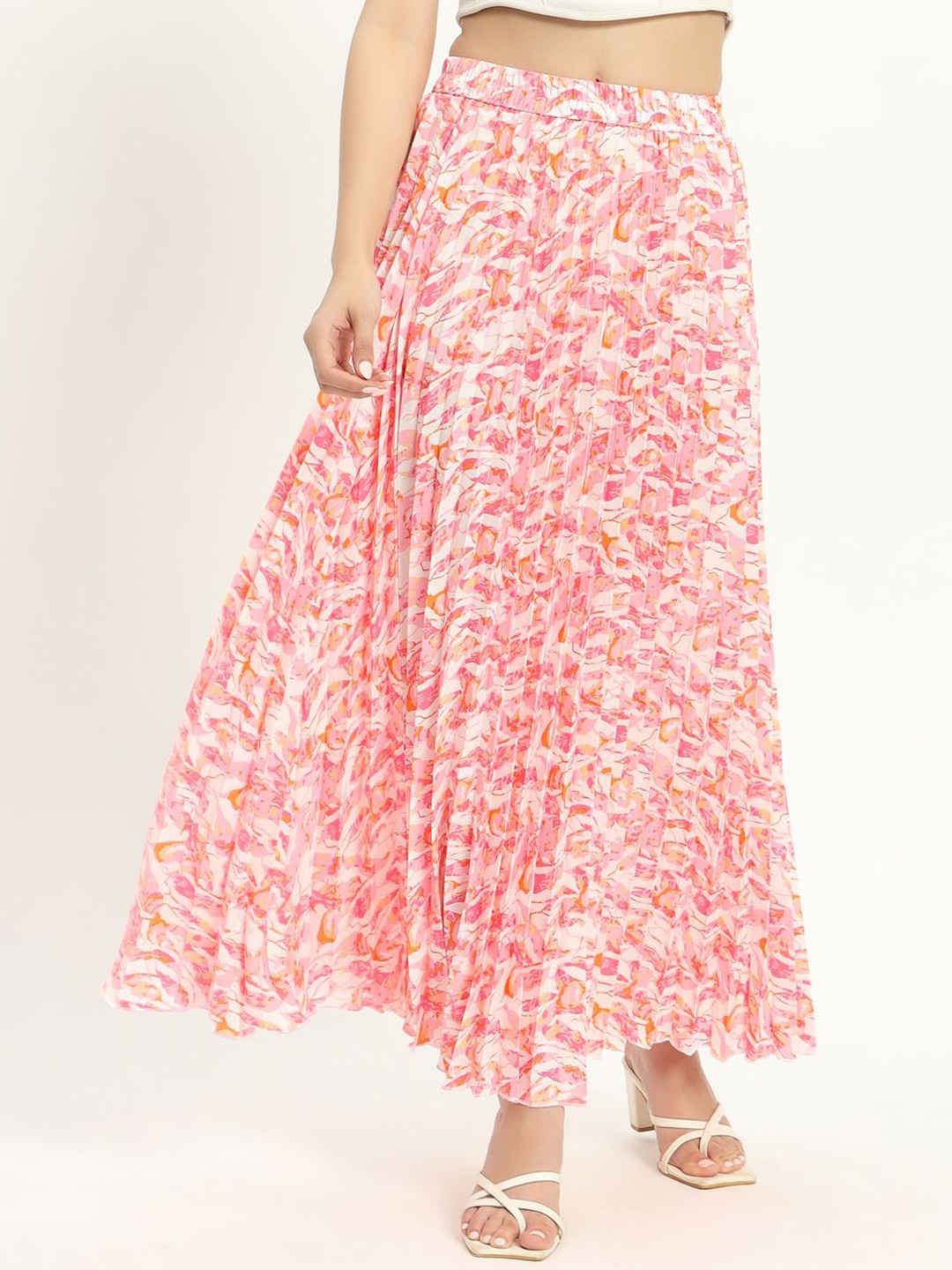 

OTABU Geometric Printed Pleated Flared Maxi Skirts, Pink