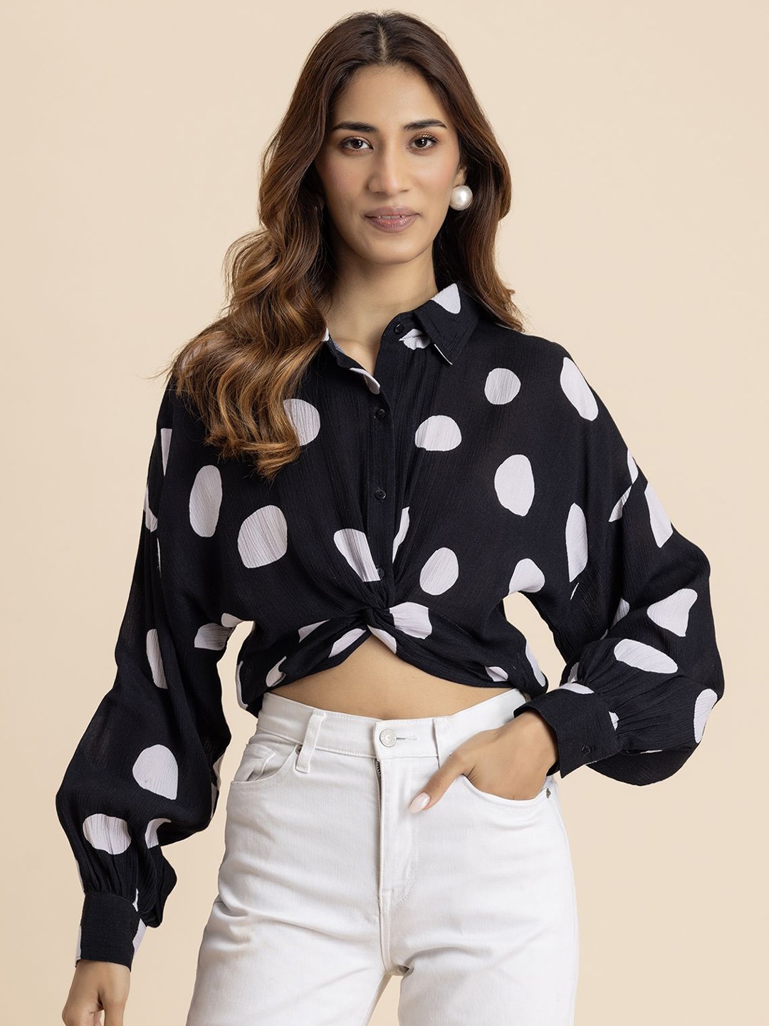 

Moomaya Women Spread Collar Polka Dots Printed Relaxed Fit Casual Shirt, Black