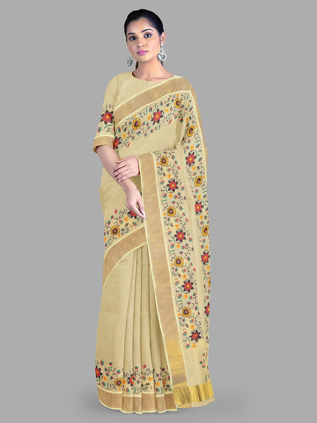 

The Chennai Silks Floral Pure Cotton Kasavu Saree, Off white