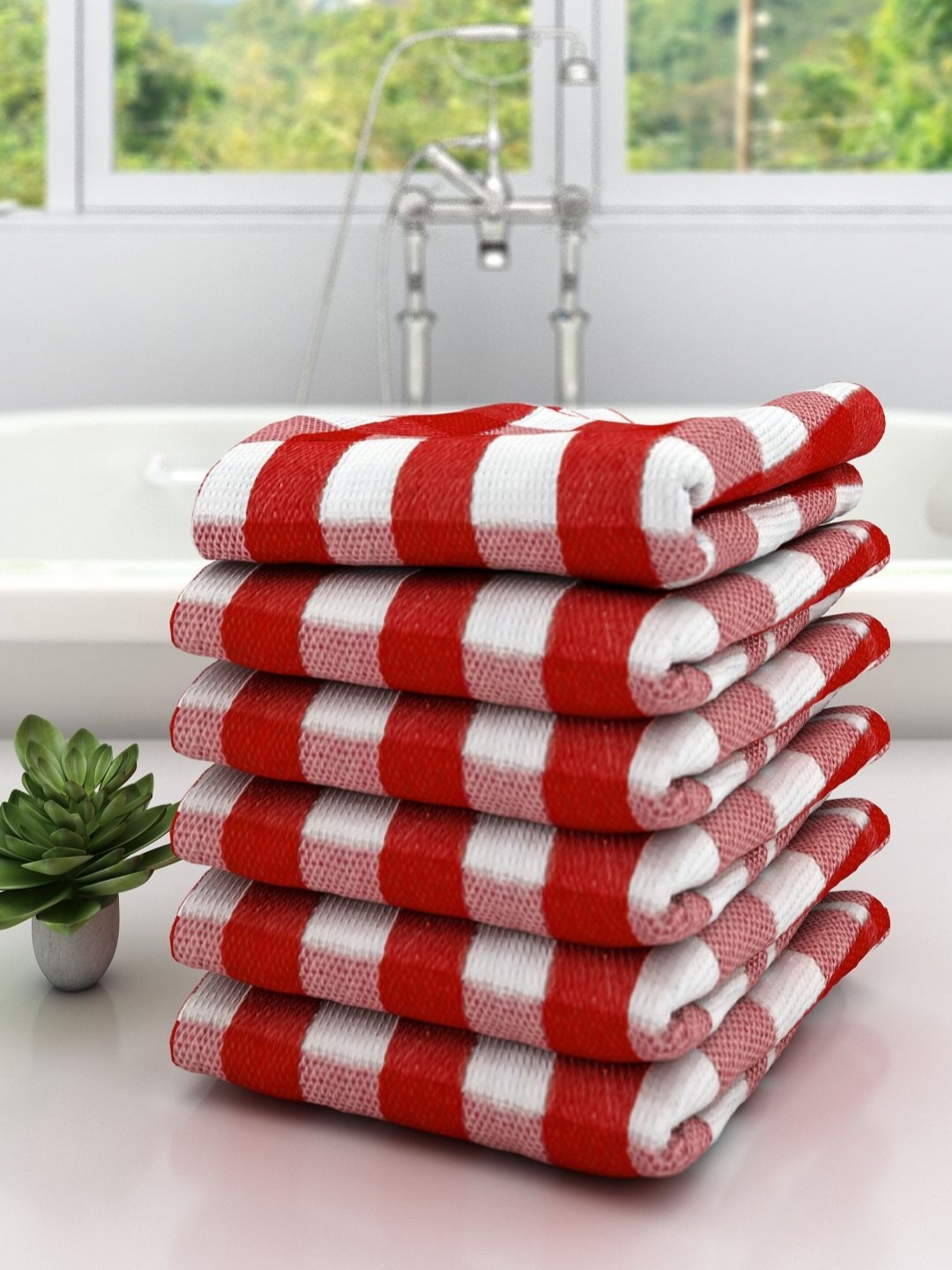 

Aura White & Red 6 Pieces Checked Pure Cotton 210 GSM Bath Towels