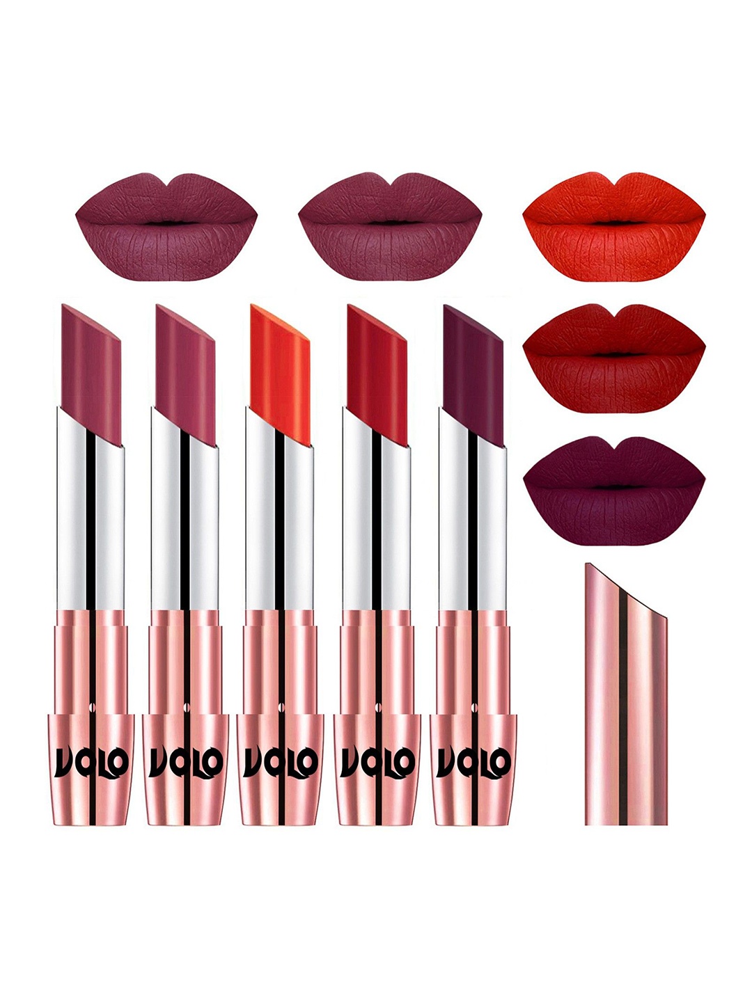 

VOLO Set Of 5 Creme Matte Lipstick - 3.5 g Each -Dark Peach-Maroon-Red-Passion Pink-Purple, Multi