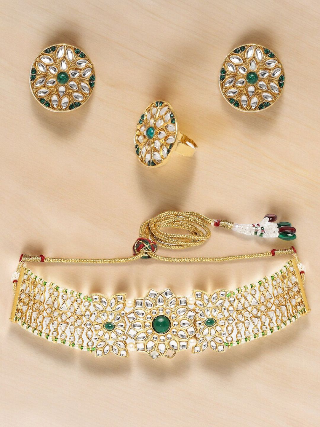 

House of Pataudi Kundan Stone Studded & Beaded Jewellery Set, Green