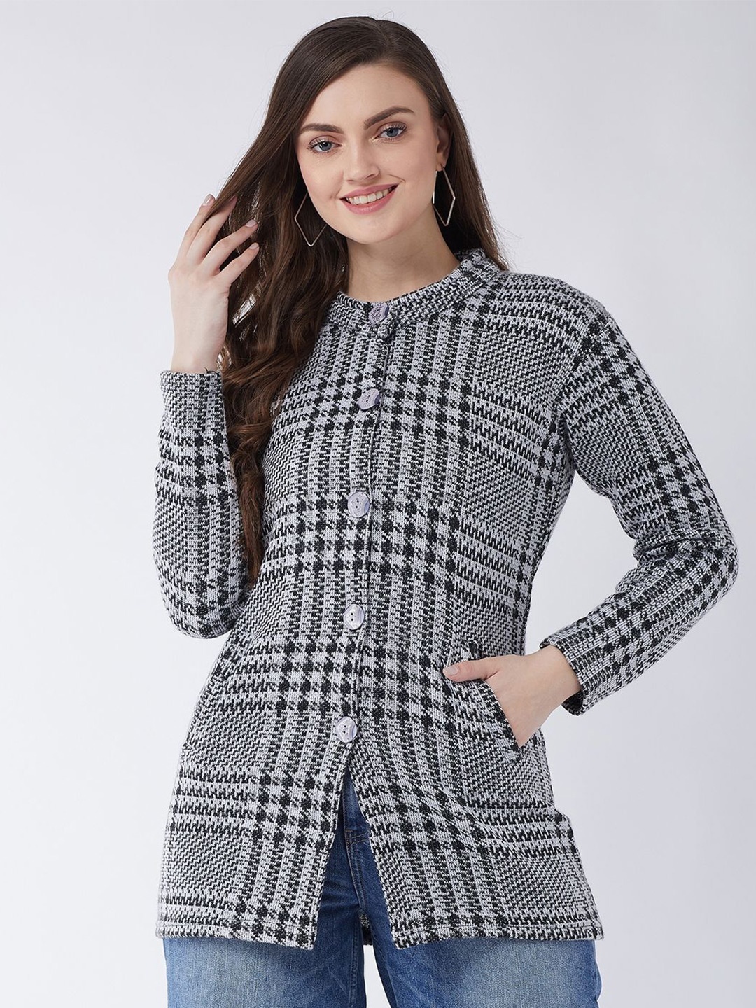 

PIVL Women Checked Printed Longline Cardigan Sweater, White