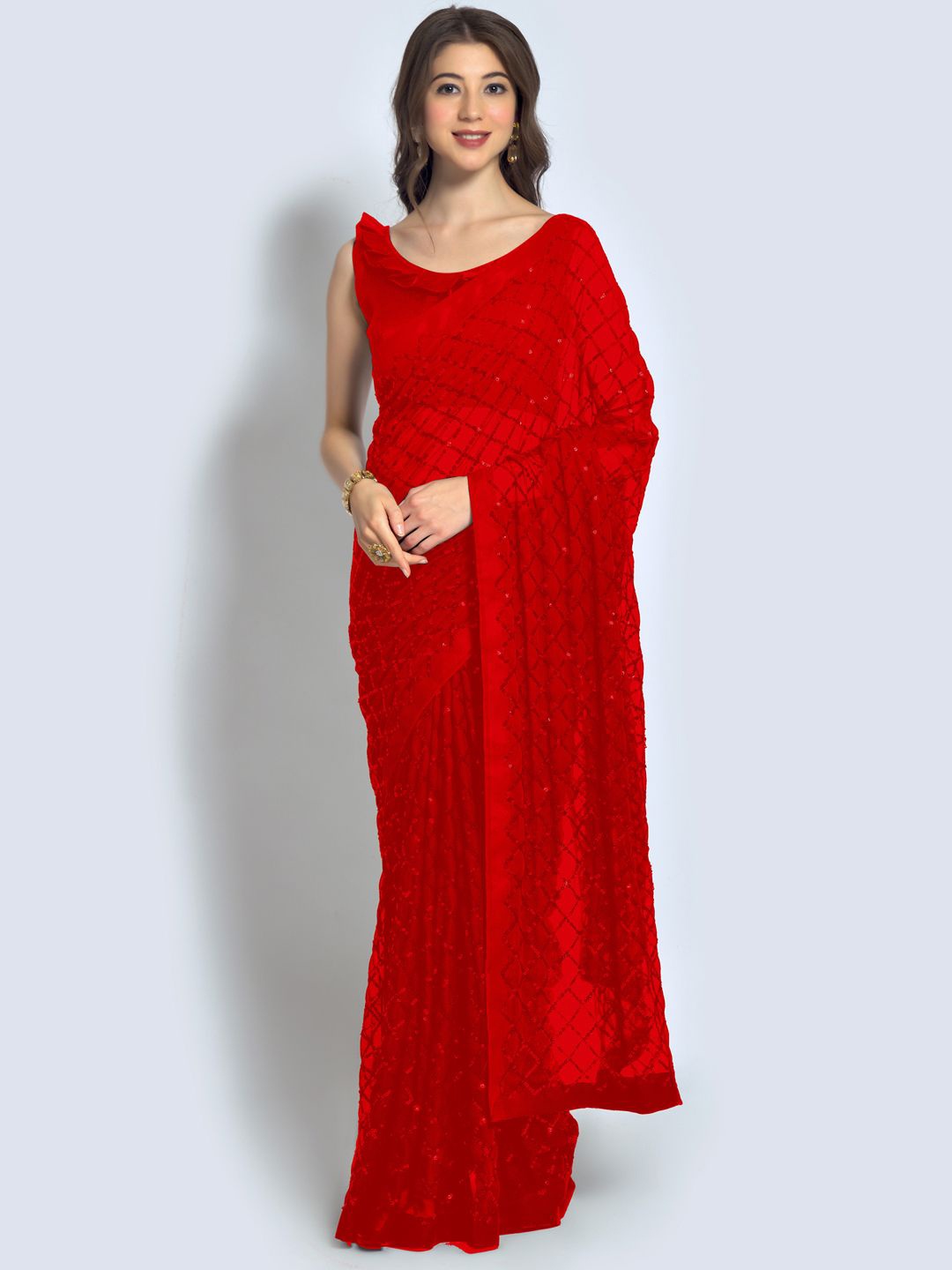 

Sangria Georgette Embellished Saree With Matching Blouse, Red