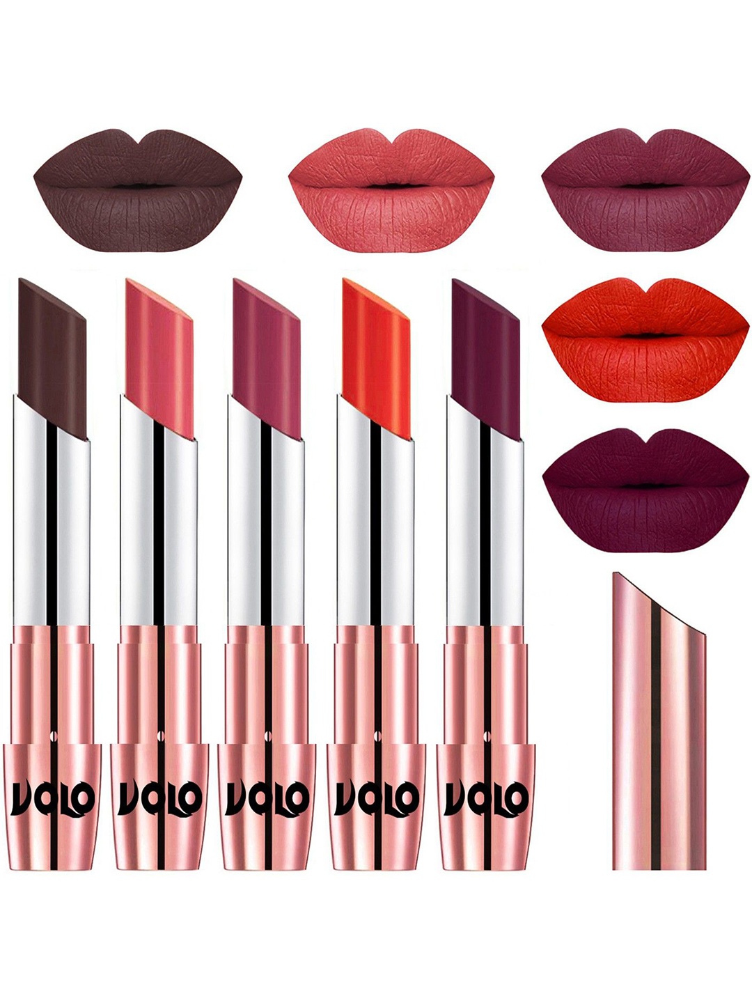 

VOLO Set Of 5 Creme Matte Lipstick-Chocolate-Dark Peach- Rose Pink-Coral-Wine, Brown
