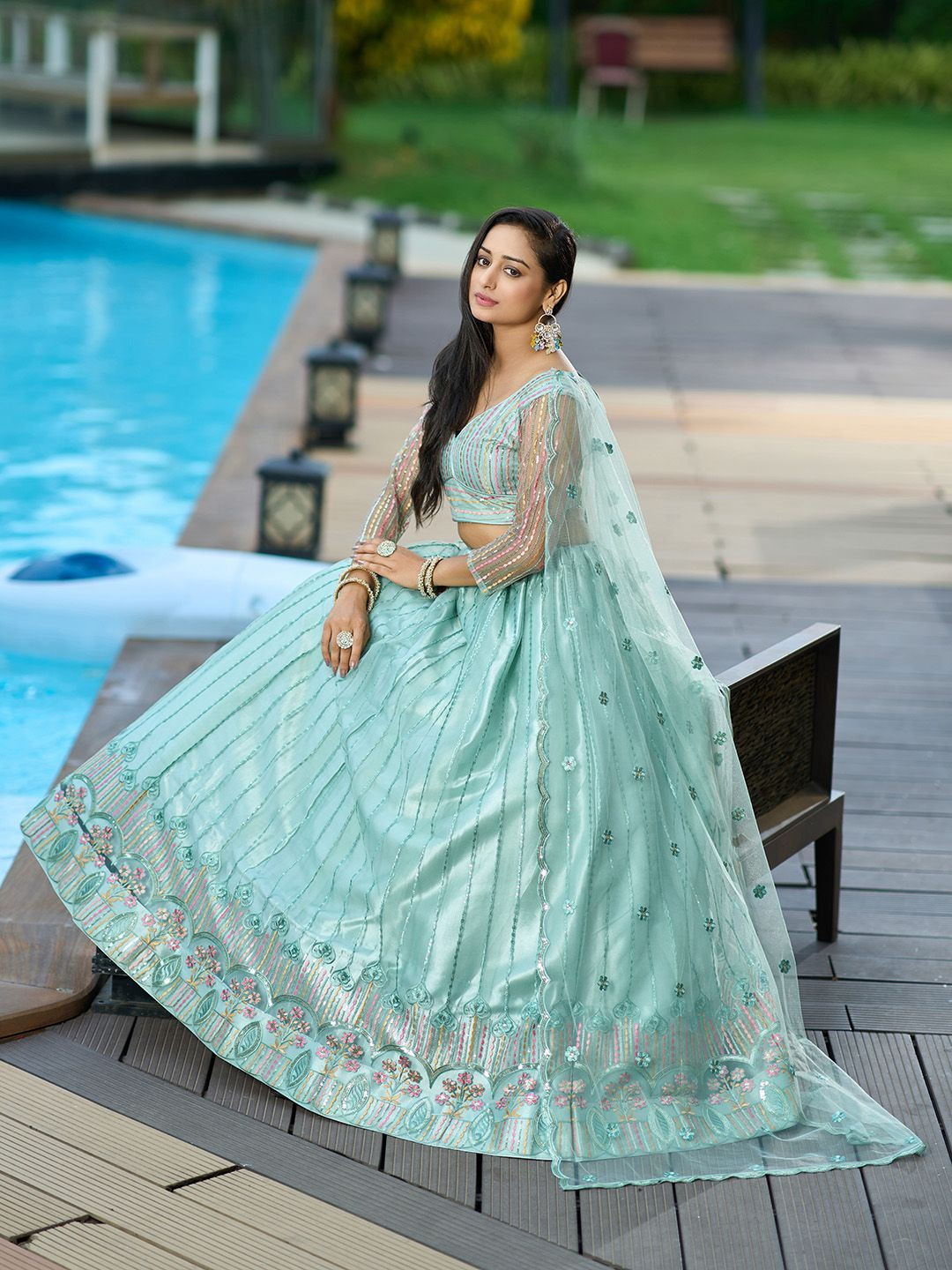 

KALINI Embroidered V-Neck Net Semi Stitched Lehenga & Unstitched Blouse With Dupatta, Green