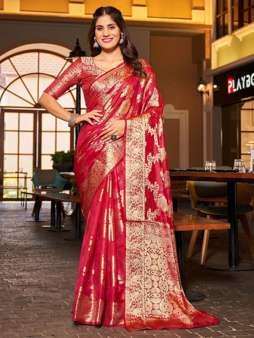 

Krimmple Ethnic Motifs Woven Design Zari Organza Saree, Red