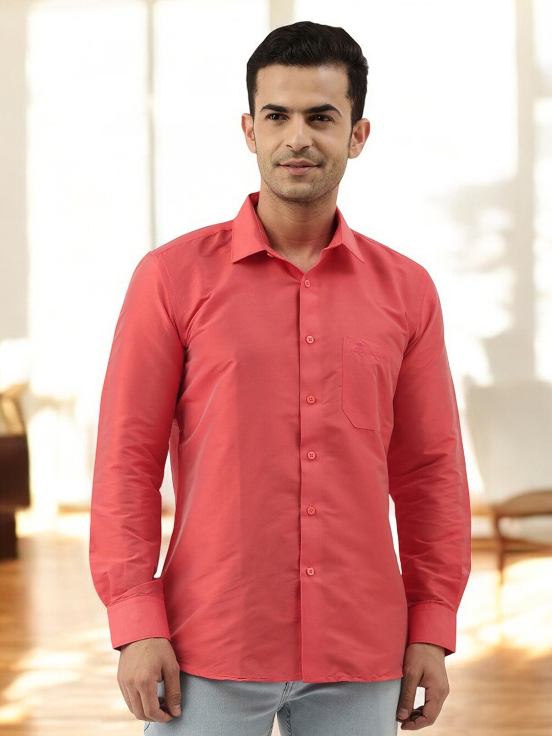 

TATTVA Spread Collar Long Sleeves Casual Shirt, Peach